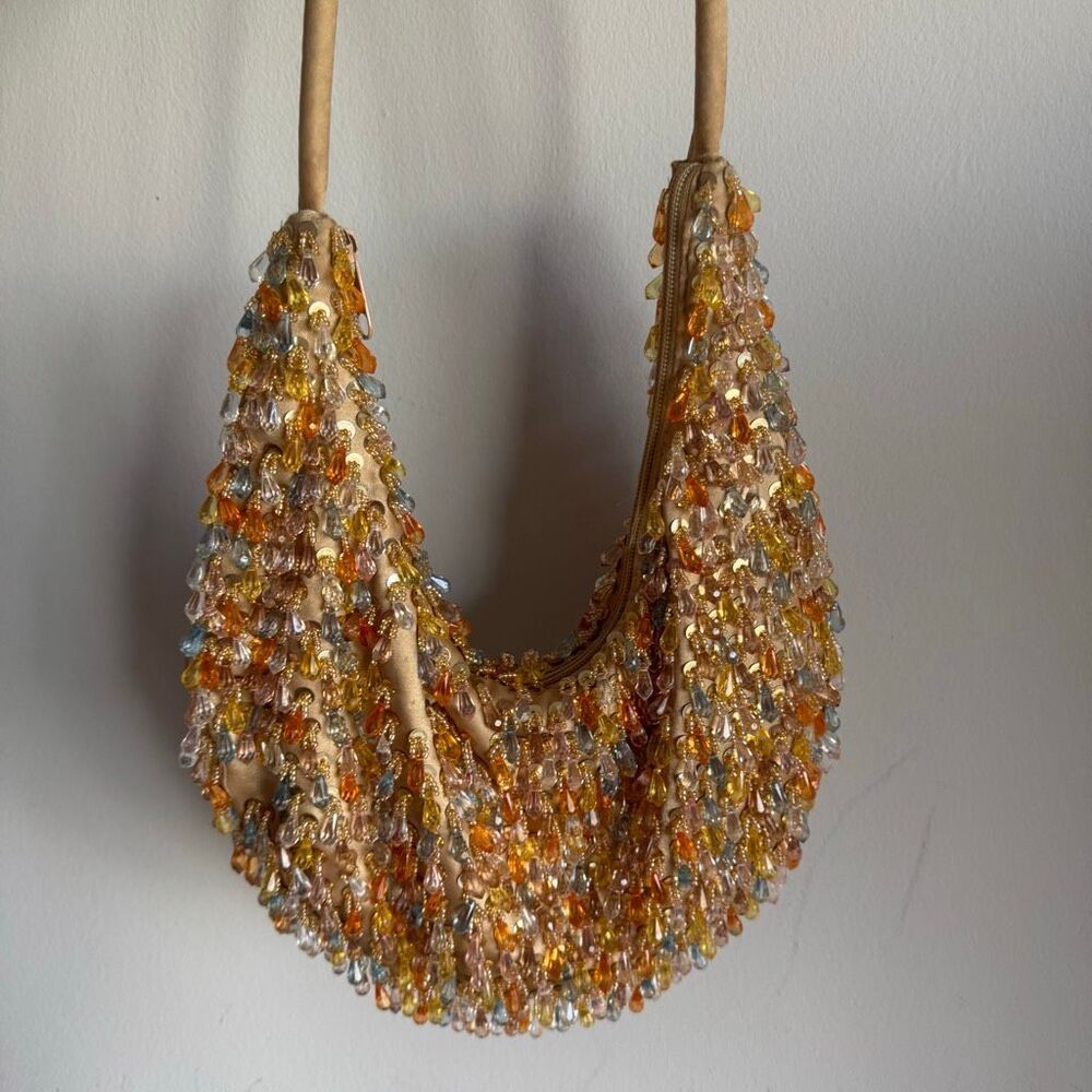 Vintage Y2K Beaded Hobo Shoulder Bag Crystal Teardrop Fringe Sequin Purse Gold